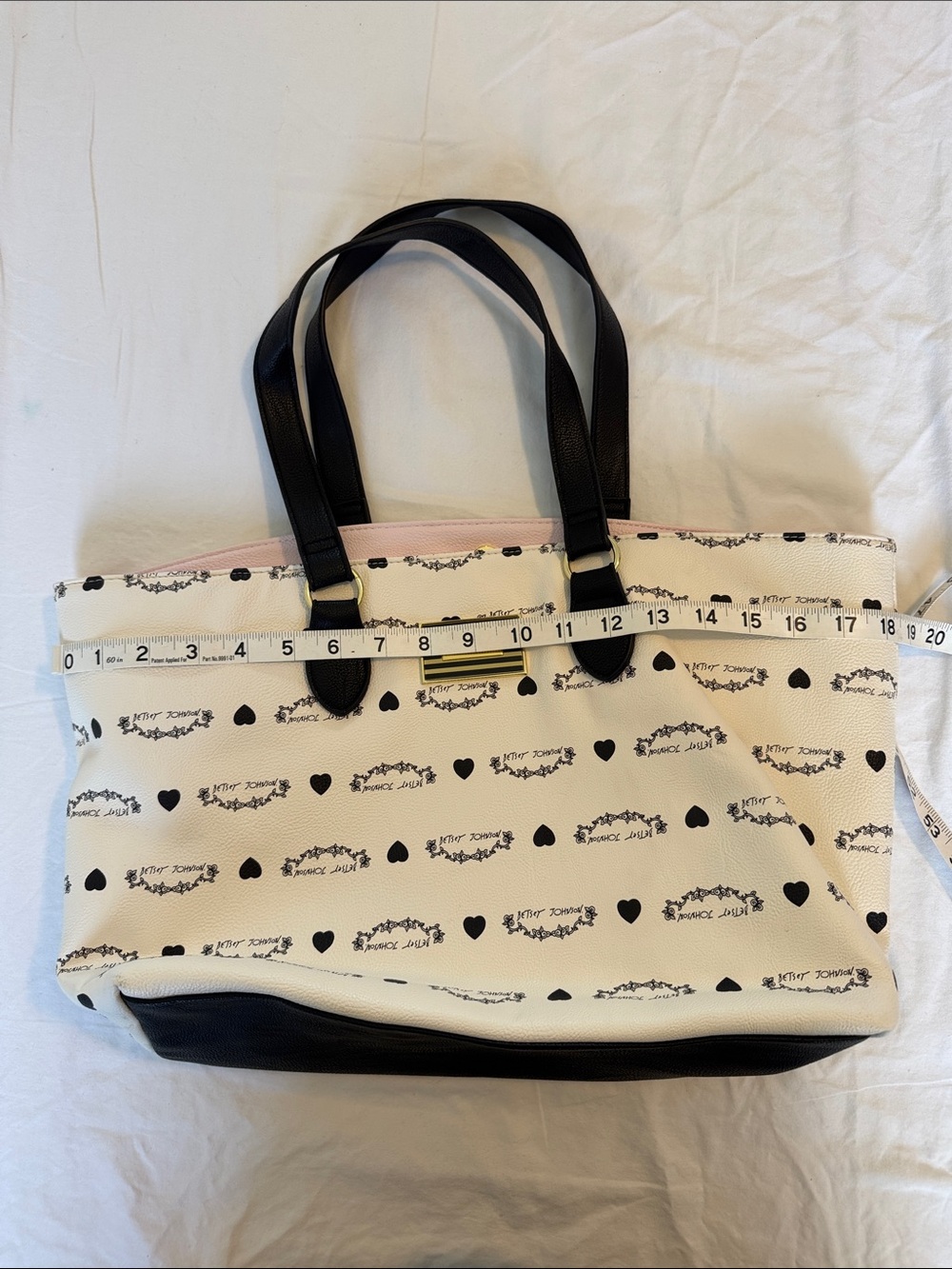 Betsey Johnson Cream and Black Logo Heart Tote with Floral Rose Interior - Picture 3 of 8